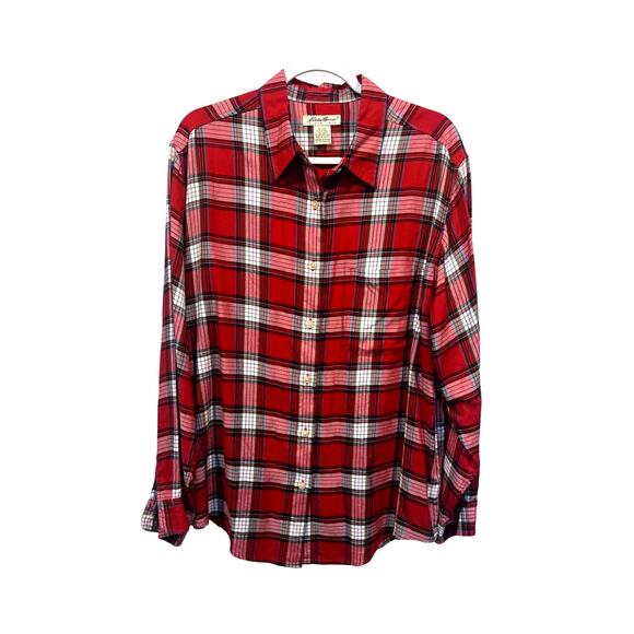 Eddie Bauer Top Womens Size XL Rayon Collared Button-Up Red Plaid Shirt Holidays - Picture 1 of 11